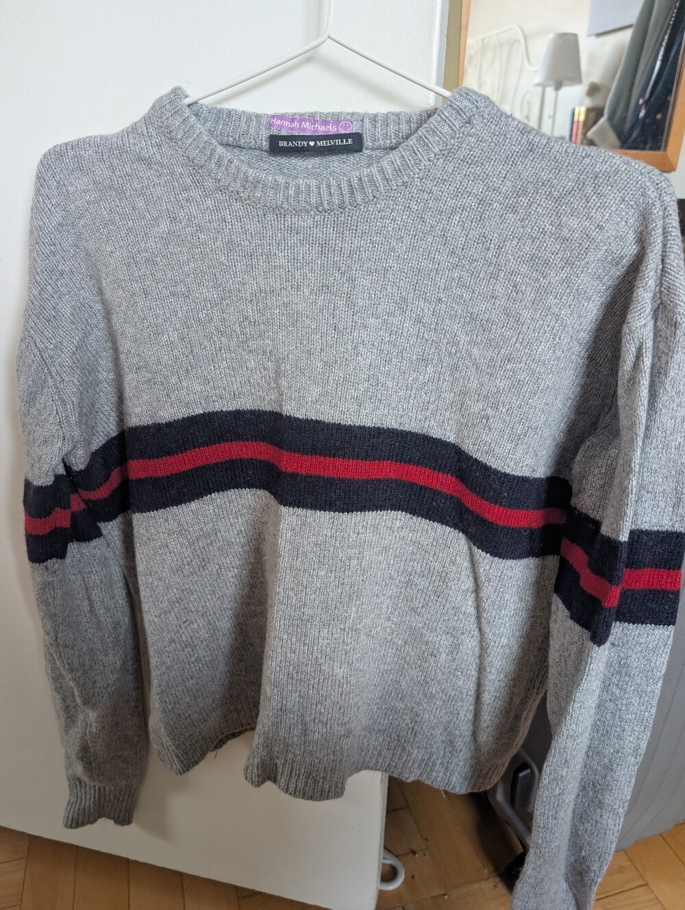 Brandy Melville Gray Crewneck Sweater with Navy and Red Stripe - Women's - Picture 2 of 4
